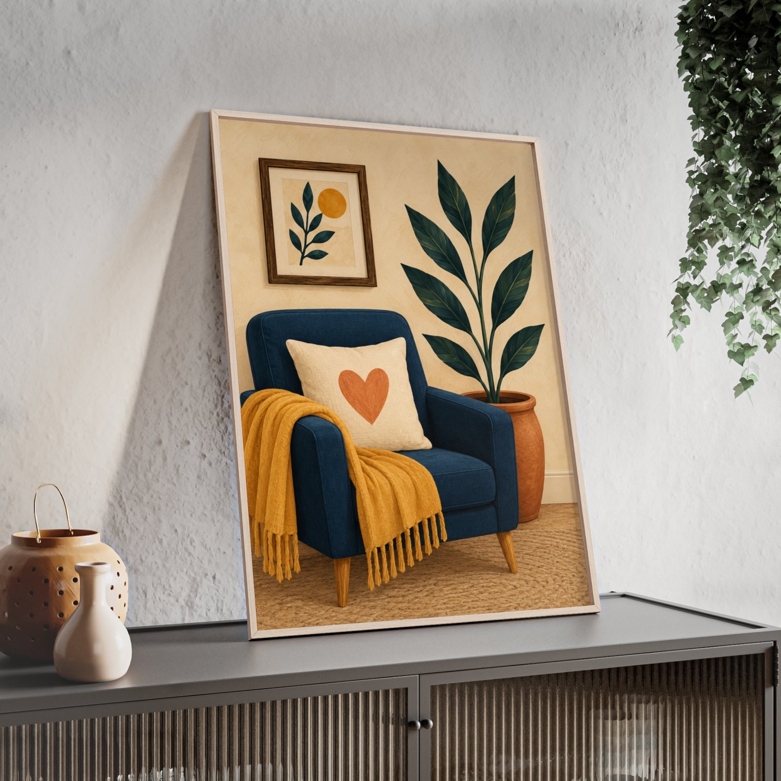 Cozy Living Room Botanical Poster with Wooden Frame — Heart Pillow Art Print - Image 2
