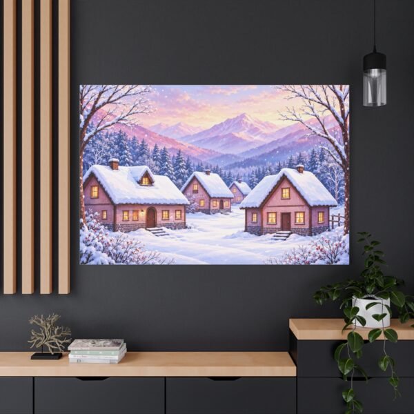 Winter Cottage Canvas Print — Snowy Village Mountain Landscape Matte Stretched Wall Art - Image 4