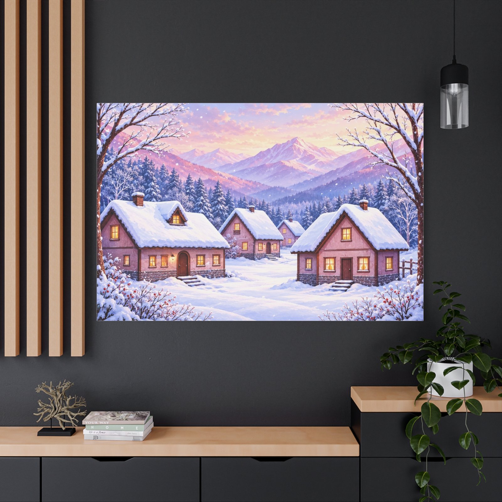 Winter Cottage Canvas Print — Snowy Village Mountain Landscape Matte Stretched Wall Art - Image 4
