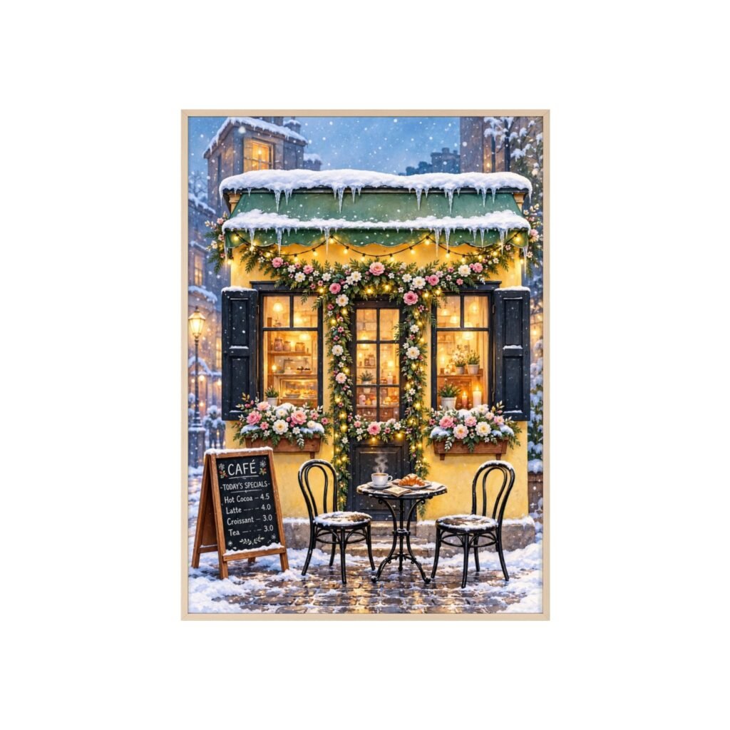 Winter Café Poster with Wooden Frame — Cozy Snowy Street Wall Art