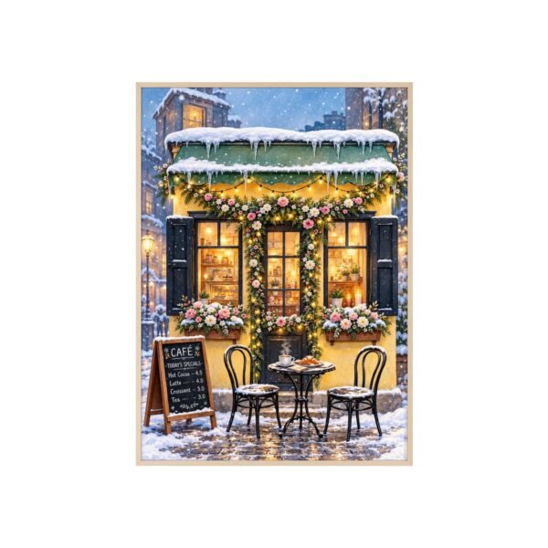 Winter Café Poster with Wooden Frame — Cozy Snowy Street Wall Art - Image 1