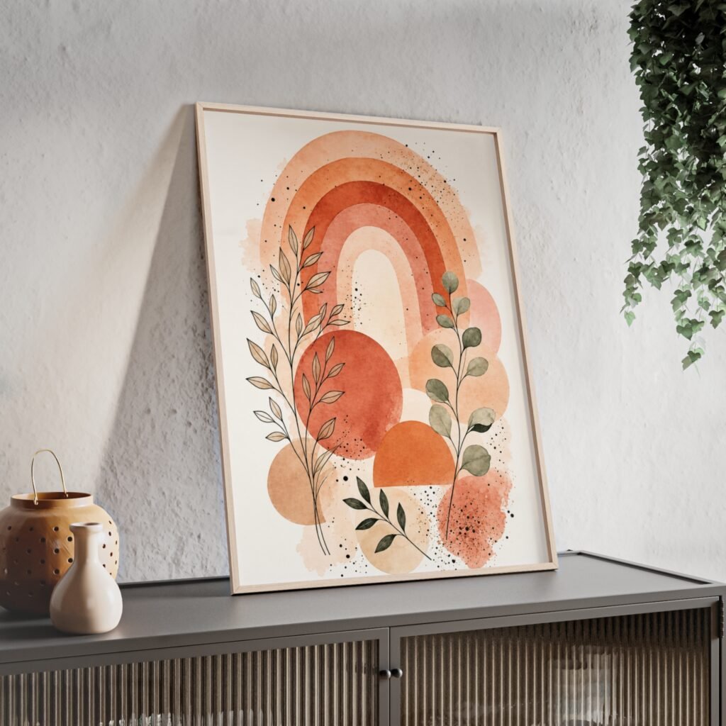 Boho Rainbow Botanical Poster with Wooden Frame — Earthy Terracotta Wall Art