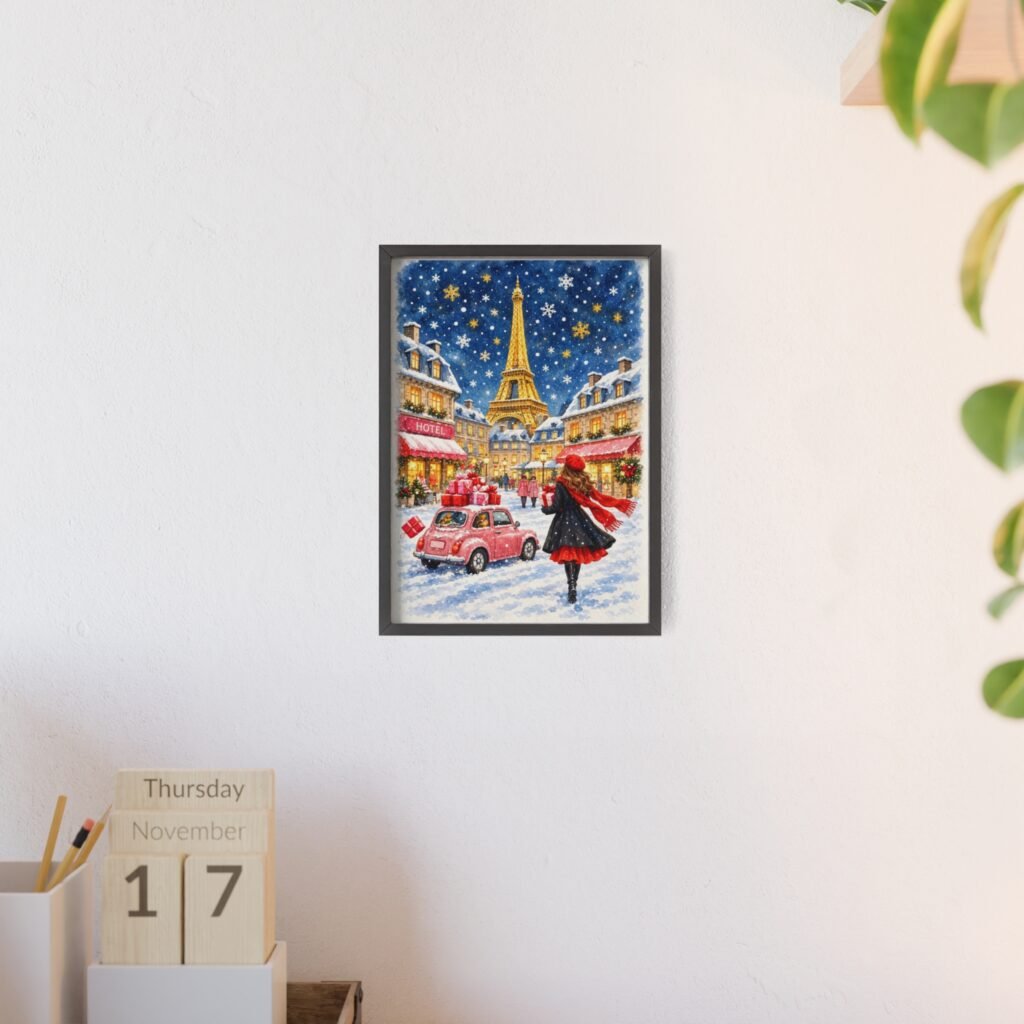 Paris Winter Holiday Poster with Wooden Frame — Eiffel Tower Christmas Street Scene