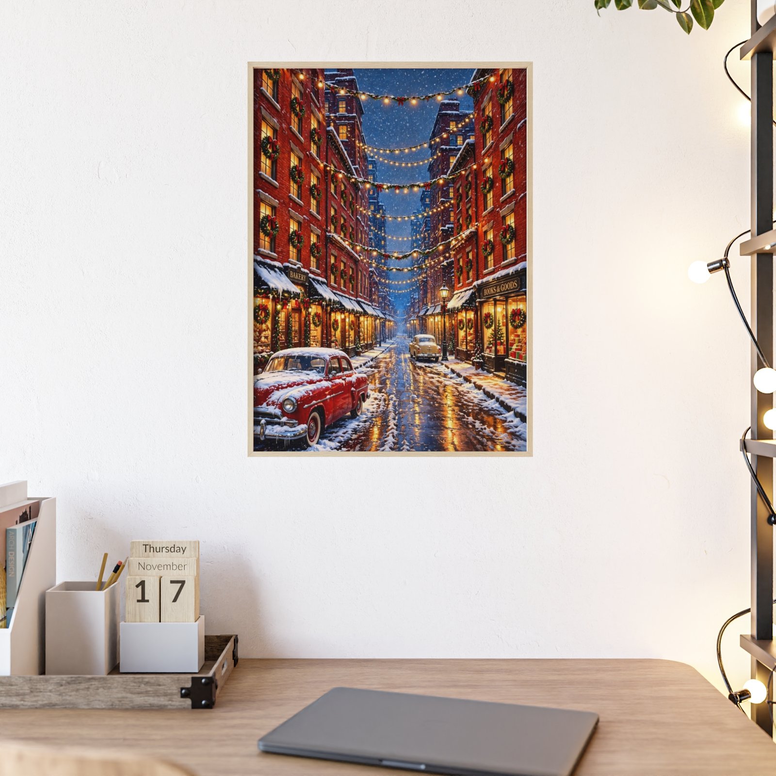 Framed Winter Street Holiday Poster — Snowy Cityscape with Vintage Car & String Lights - Image 2