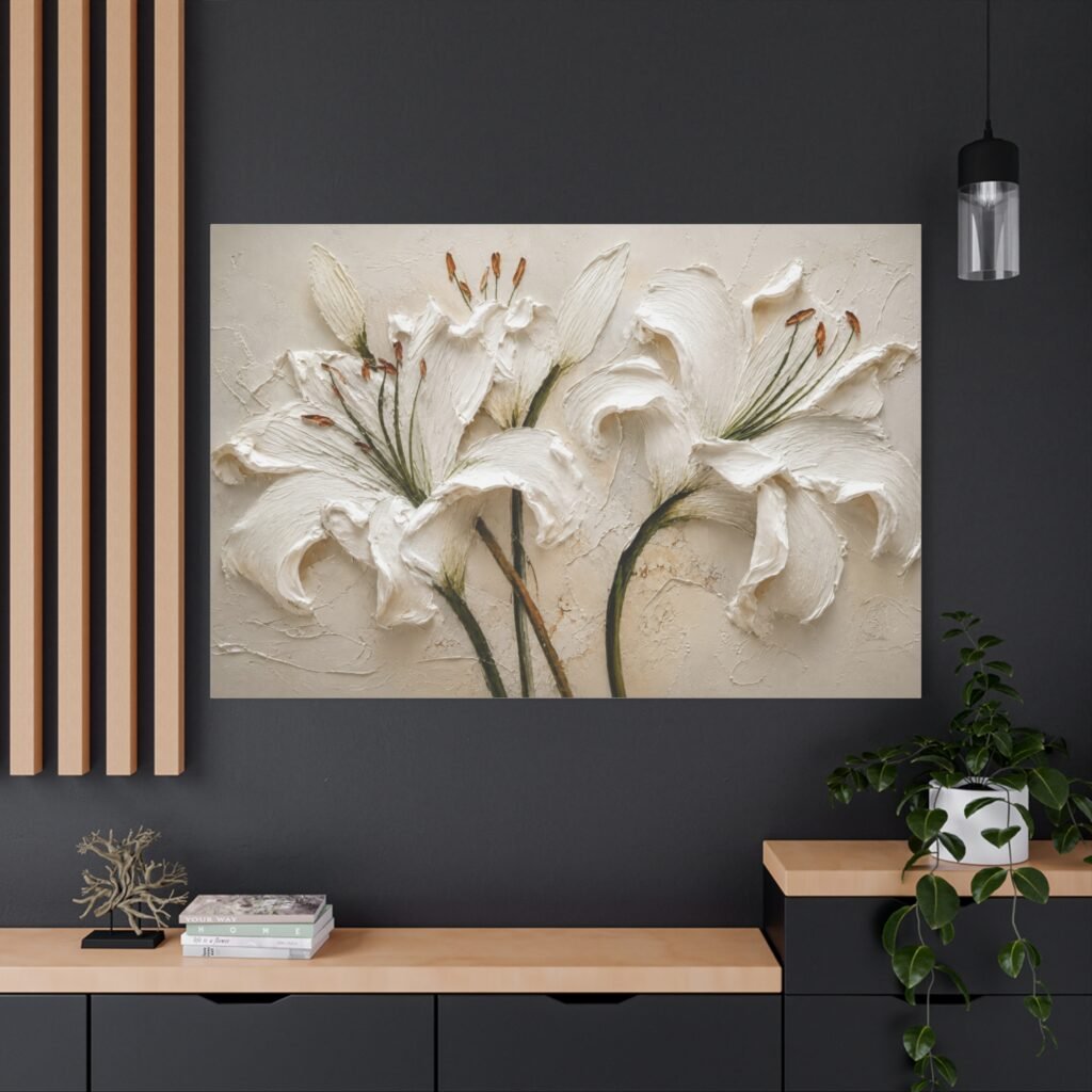 White Lily Textured Canvas Wall Art — Stretched Matte Floral Painting