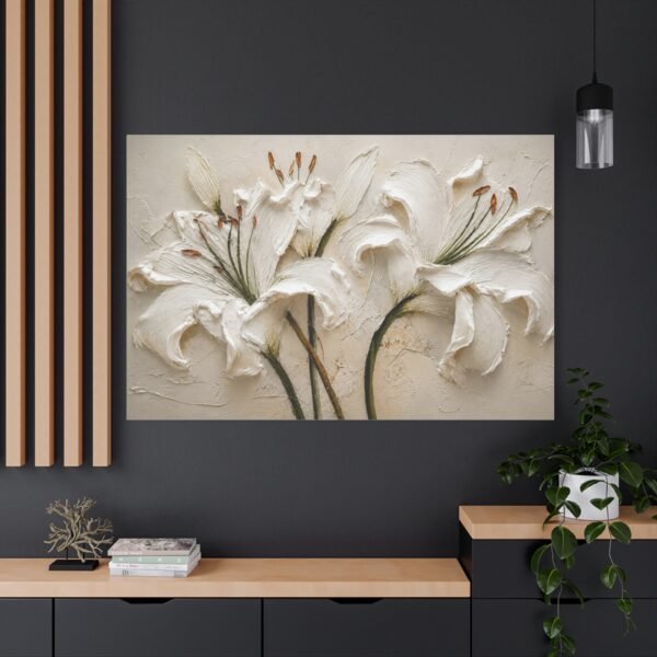 White Lily Textured Canvas Wall Art — Stretched Matte Floral Painting - Image 4