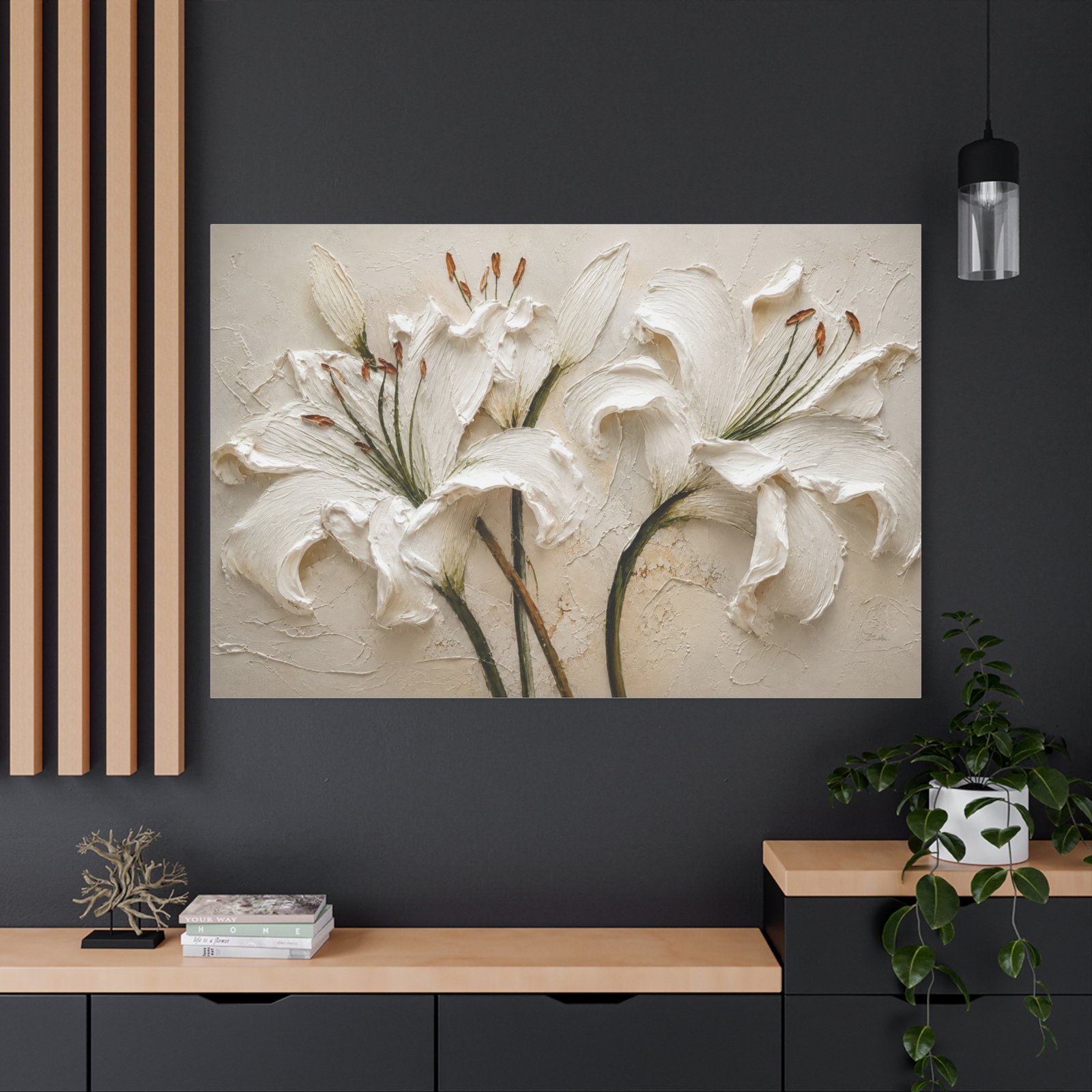 White Lily Textured Canvas Wall Art — Stretched Matte Floral Painting - Image 4