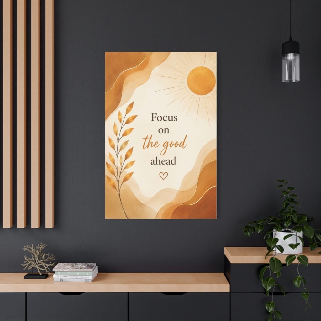 Inspirational Wall Art Canvas – "Focus on the Good Ahead" Sun & Leaf Print