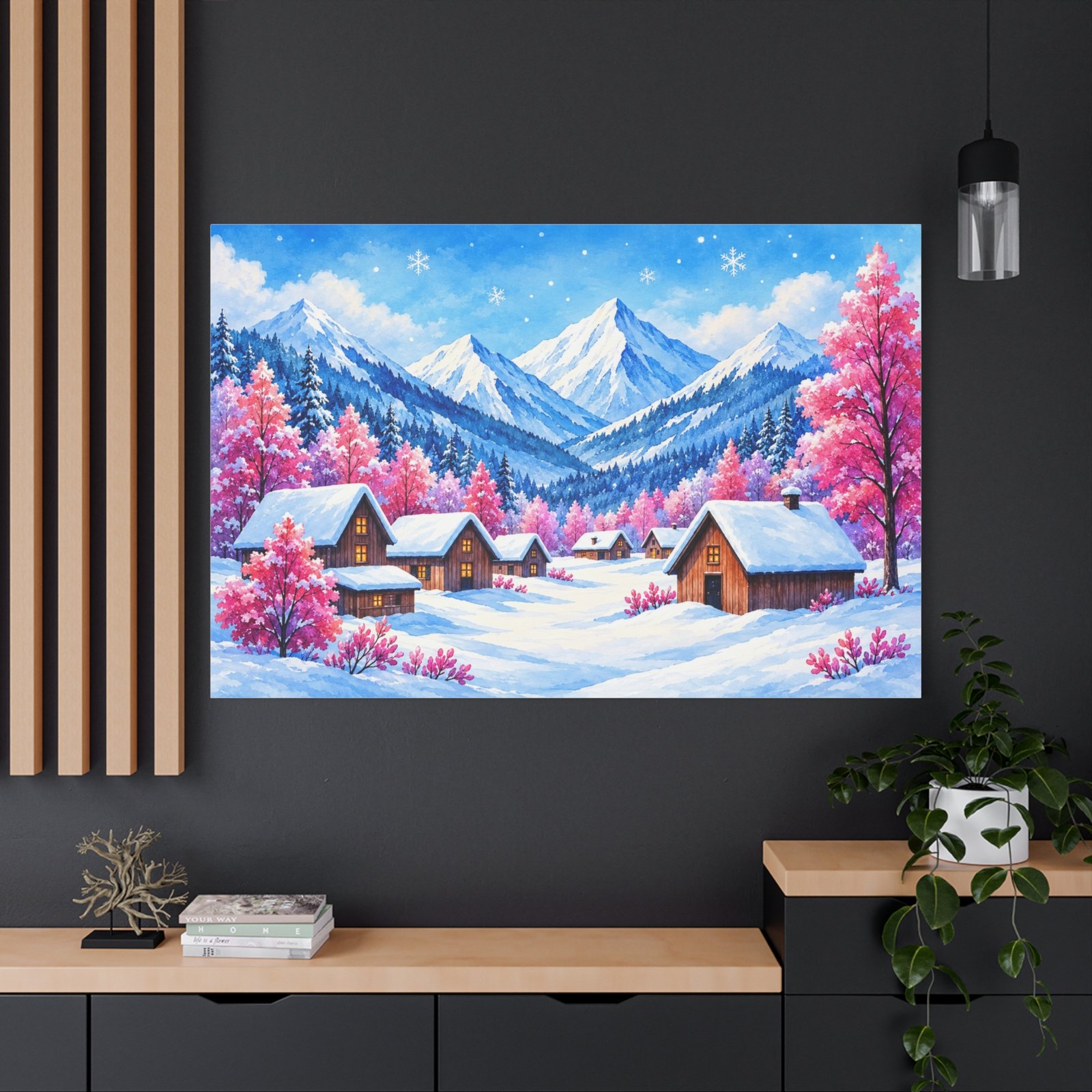 Winter Cabin Canvas Wall Art — Snowy Mountain Village Matte Stretched Print - Image 4