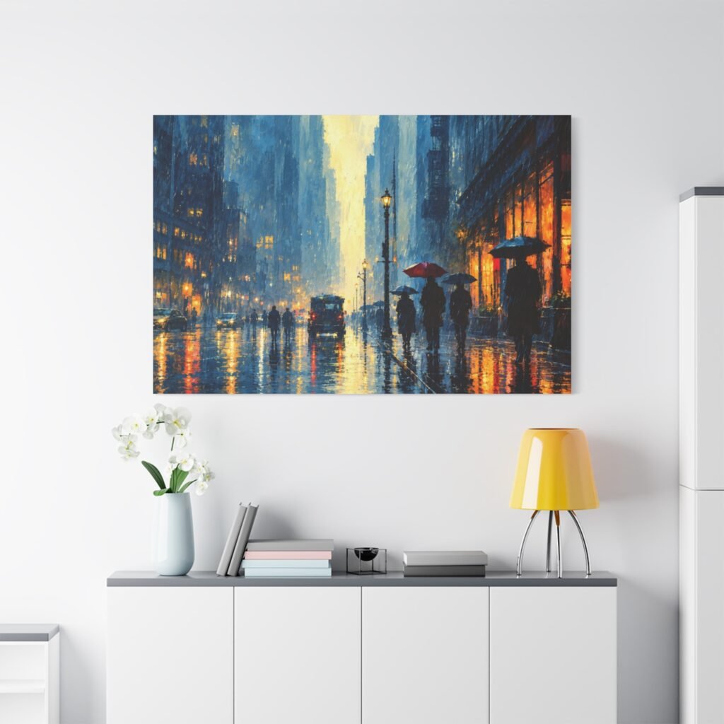 City Rainfall Canvas Print — Impressionist Urban Street Scene with Umbrellas