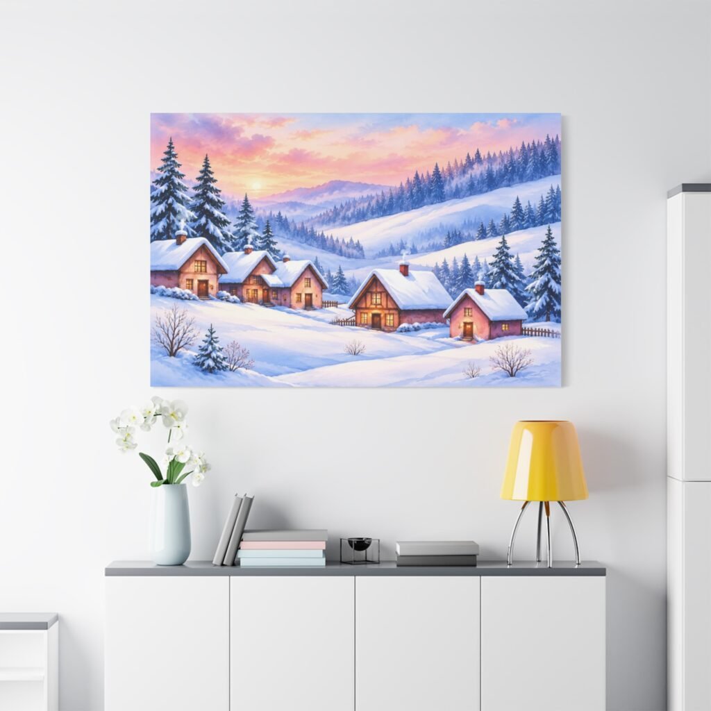 Winter Cabin Canvas Wall Art — Cozy Snowy Village Stretched Matte Print