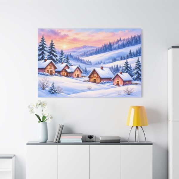 Winter Cabin Canvas Wall Art — Cozy Snowy Village Stretched Matte Print - Image 3