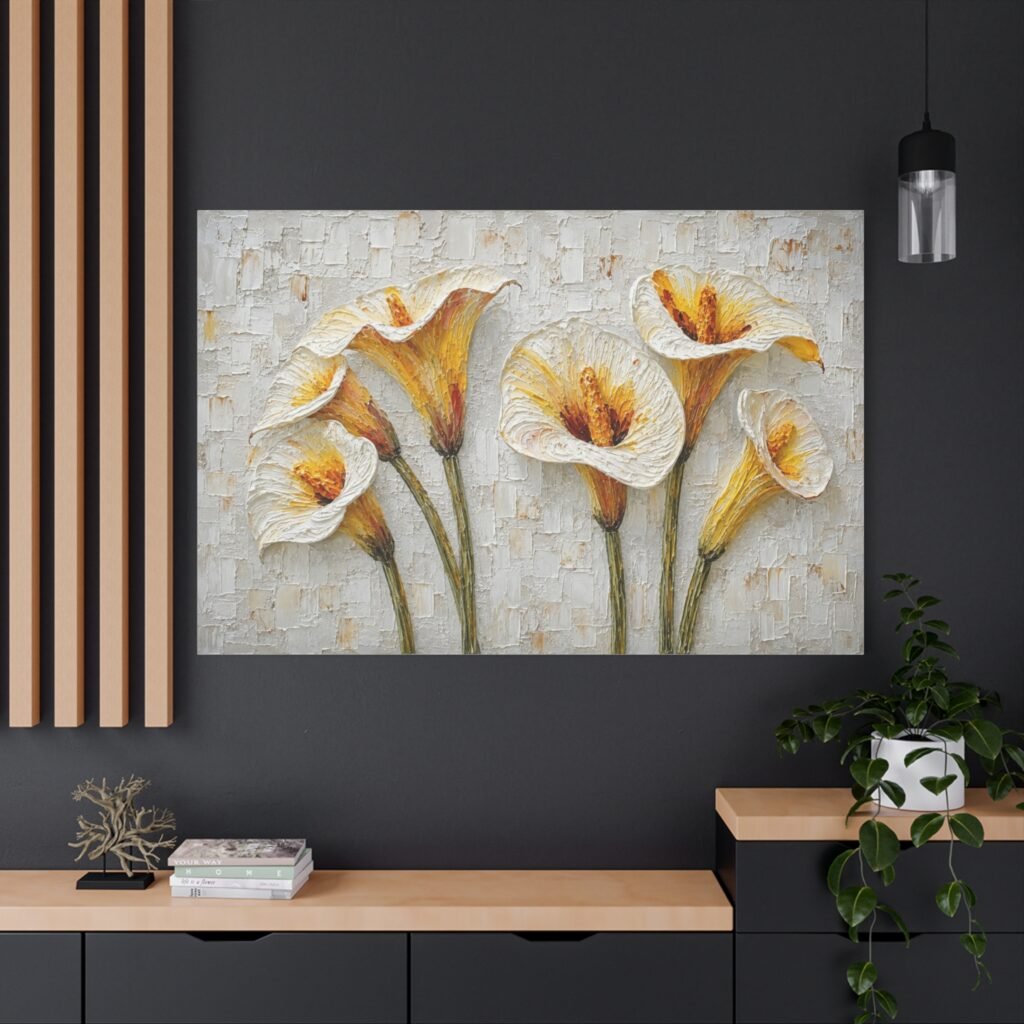 Calla Lily Textured Canvas Wall Art — Yellow White Floral Stretched Matte Print