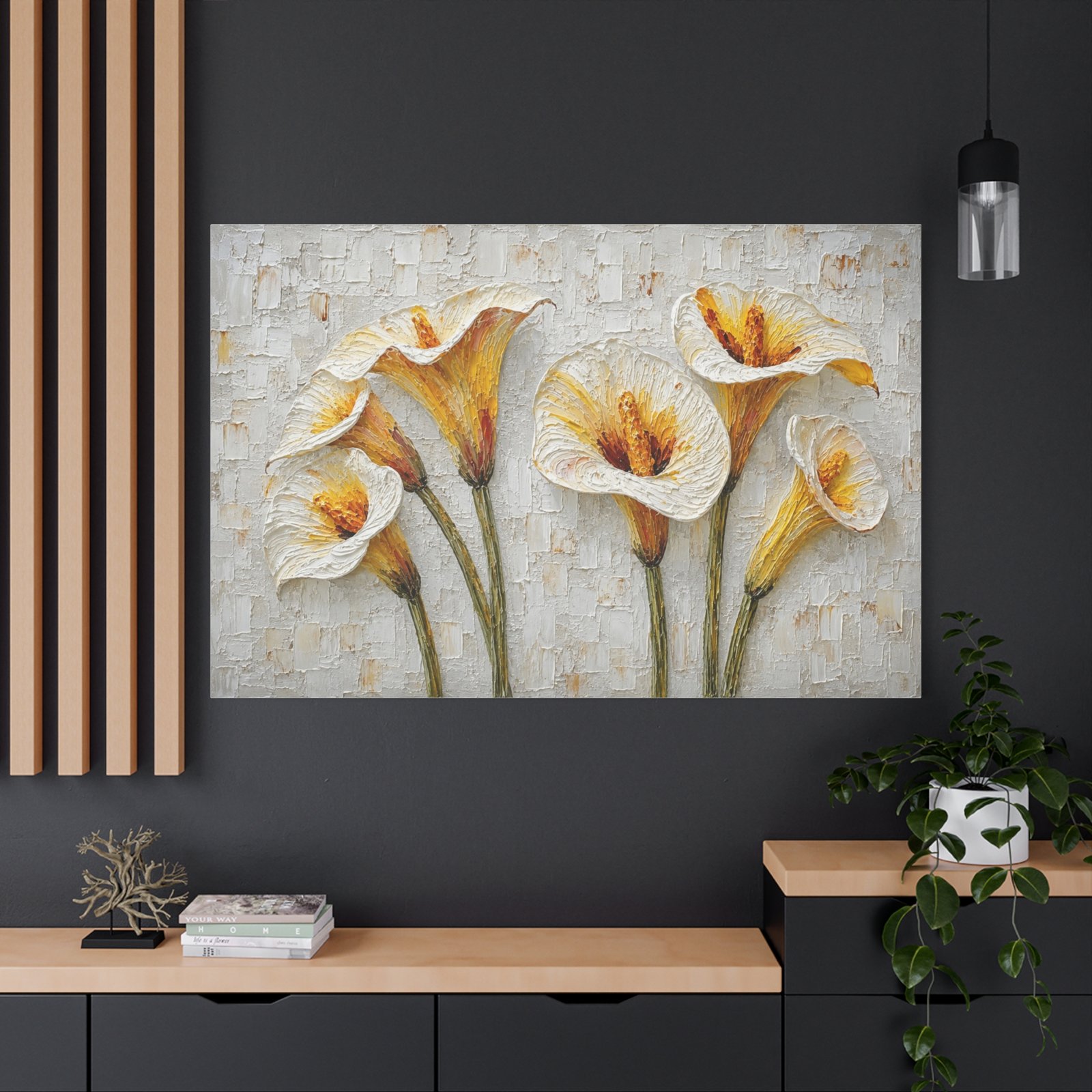 Calla Lily Textured Canvas Wall Art — Yellow White Floral Stretched Matte Print - Image 4
