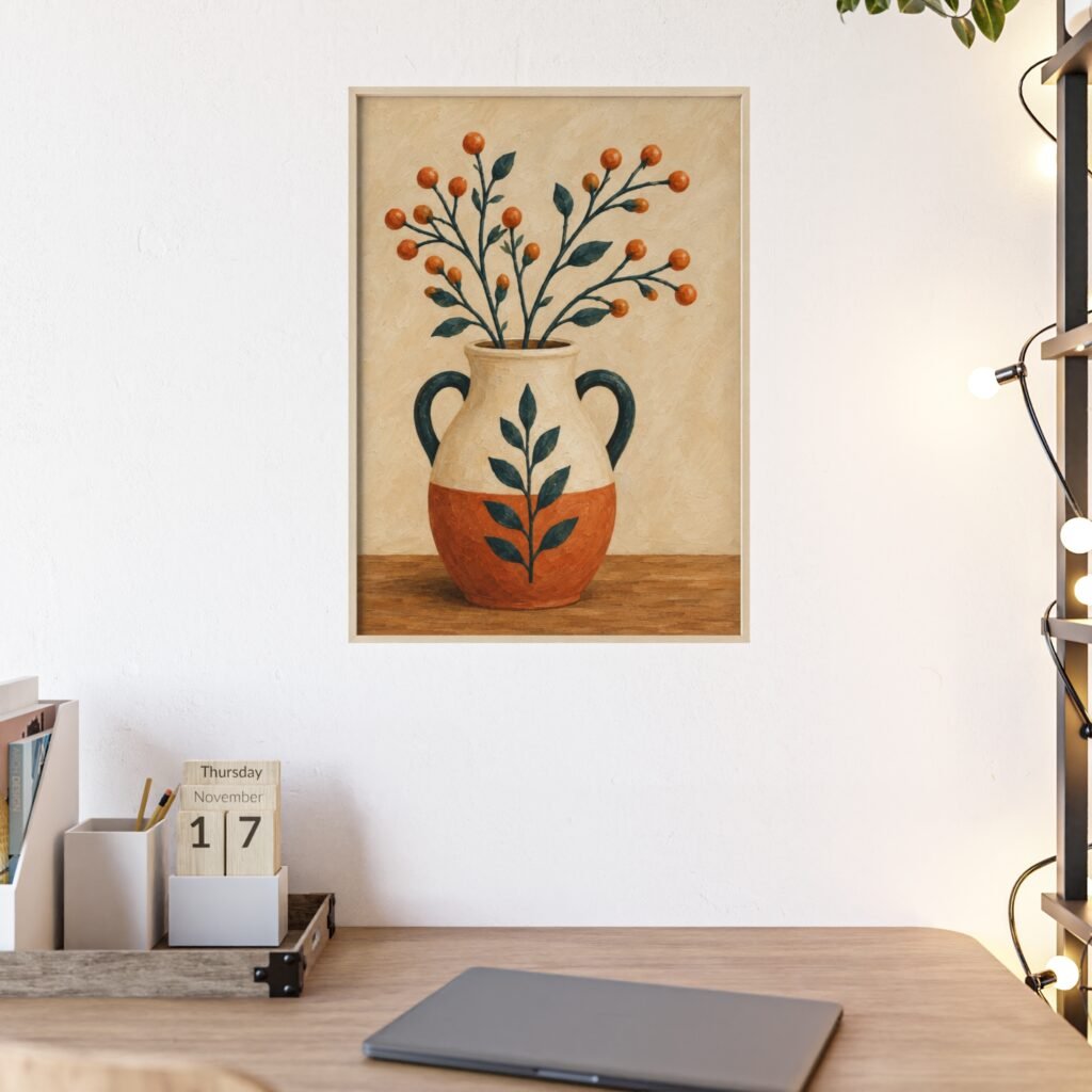 Botanical Vase Poster with Wooden Frame — Rustic Floral Wall Art Print