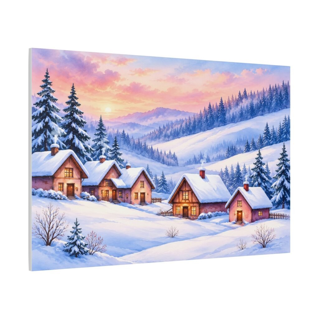 Winter Cabin Canvas Wall Art — Cozy Snowy Village Stretched Matte Print