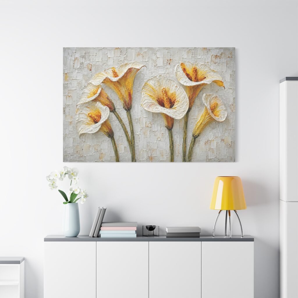 Calla Lily Textured Canvas Wall Art — Yellow White Floral Stretched Matte Print