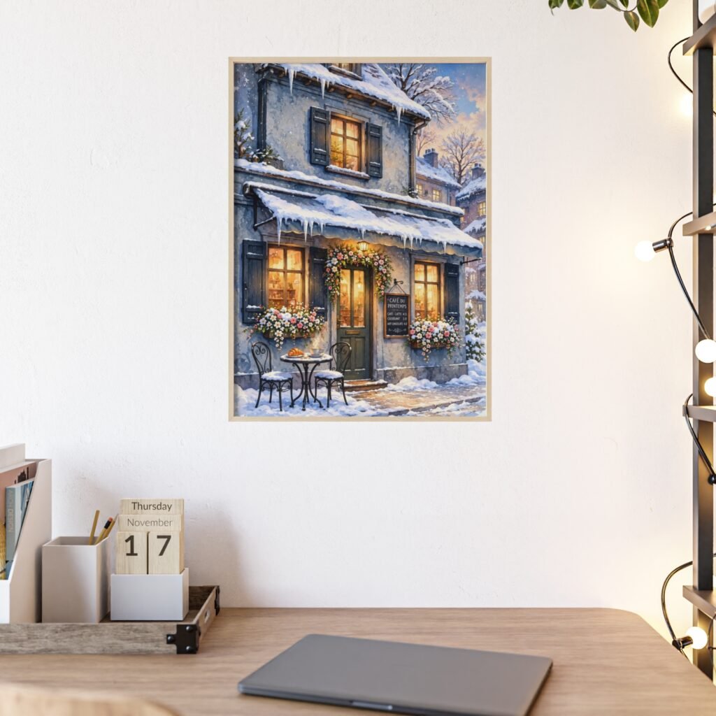 Winter Cottage Snowy Street Poster with Wooden Frame — Cozy Holiday Wall Art