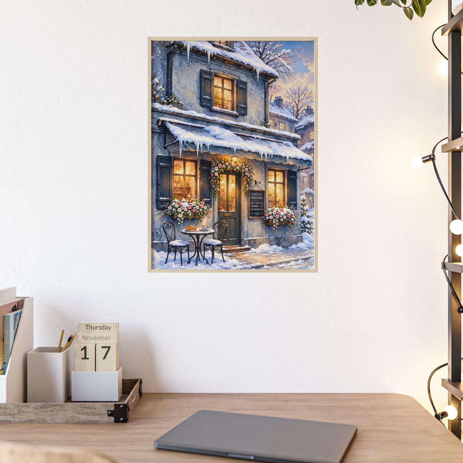 Winter Cottage Snowy Street Poster with Wooden Frame — Cozy Holiday Wall Art - Image 2