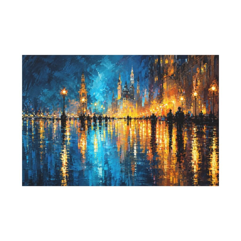 City Lights Abstract Matte Canvas Wall Art — Blue & Gold Stretched Canvas