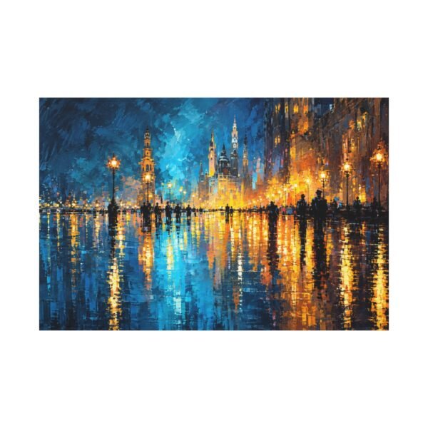 City Lights Abstract Matte Canvas Wall Art — Blue & Gold Stretched Canvas - Image 1