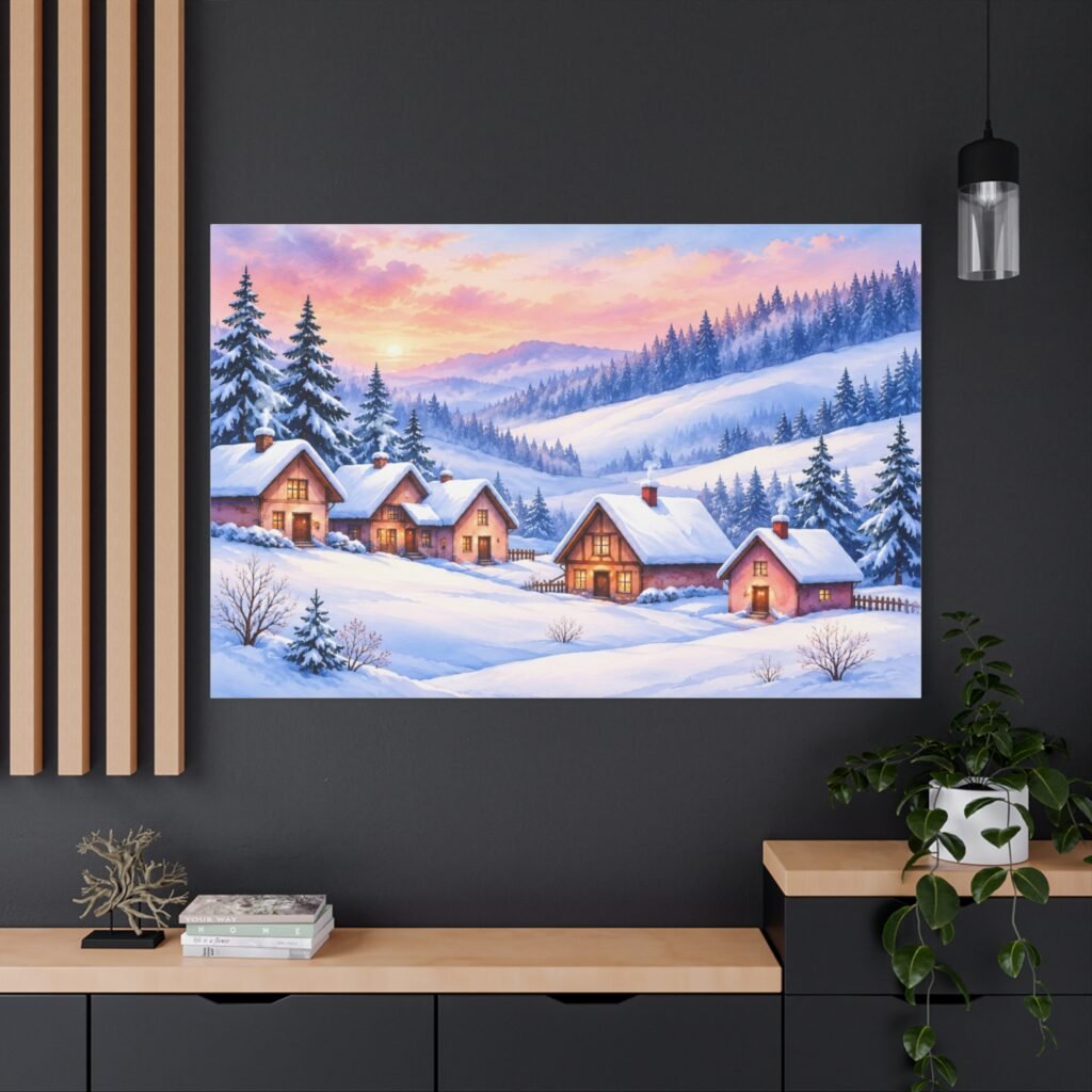Winter Cabin Canvas Wall Art — Cozy Snowy Village Stretched Matte Print