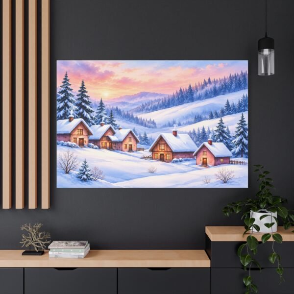 Winter Cabin Canvas Wall Art — Cozy Snowy Village Stretched Matte Print - Image 4