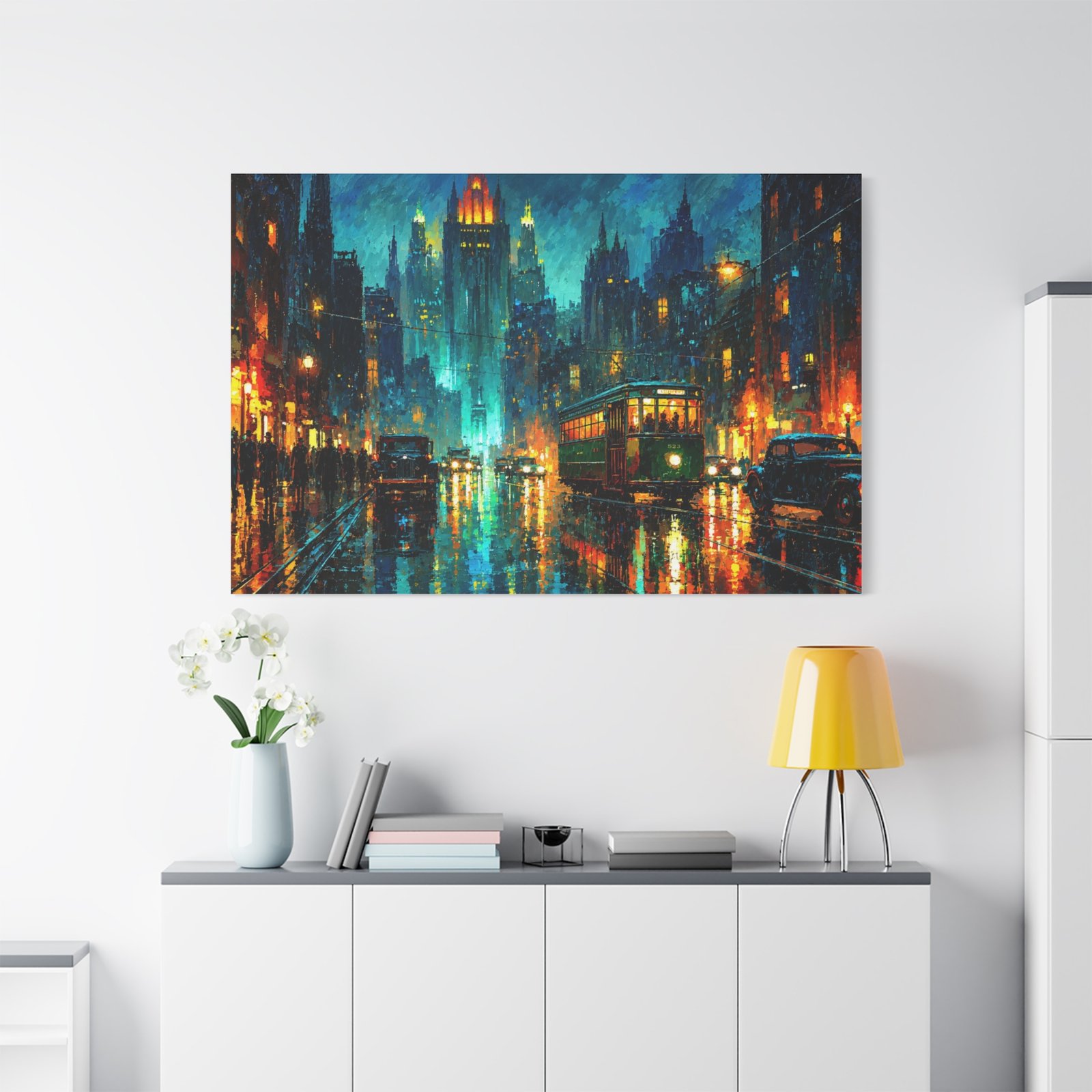 City Nightscape Matte Canvas Print — Rainy Neon Streetscape Wall Art - Image 3