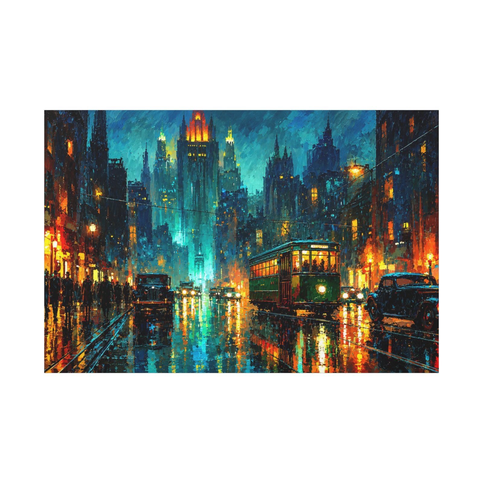 City Nightscape Matte Canvas Print — Rainy Neon Streetscape Wall Art - Image 1