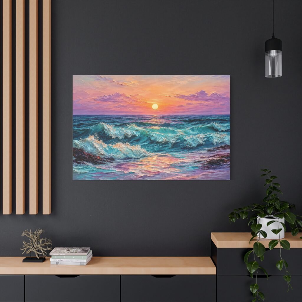 Sunset Ocean Waves Matte Canvas Print — Seaside Beach Wall Art