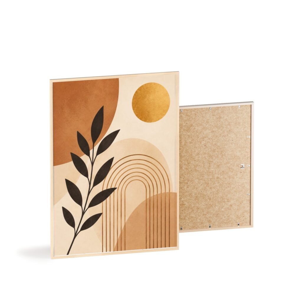 Abstract Boho Botanical Poster with Wooden Frame — Midcentury Earth Tone Wall Art