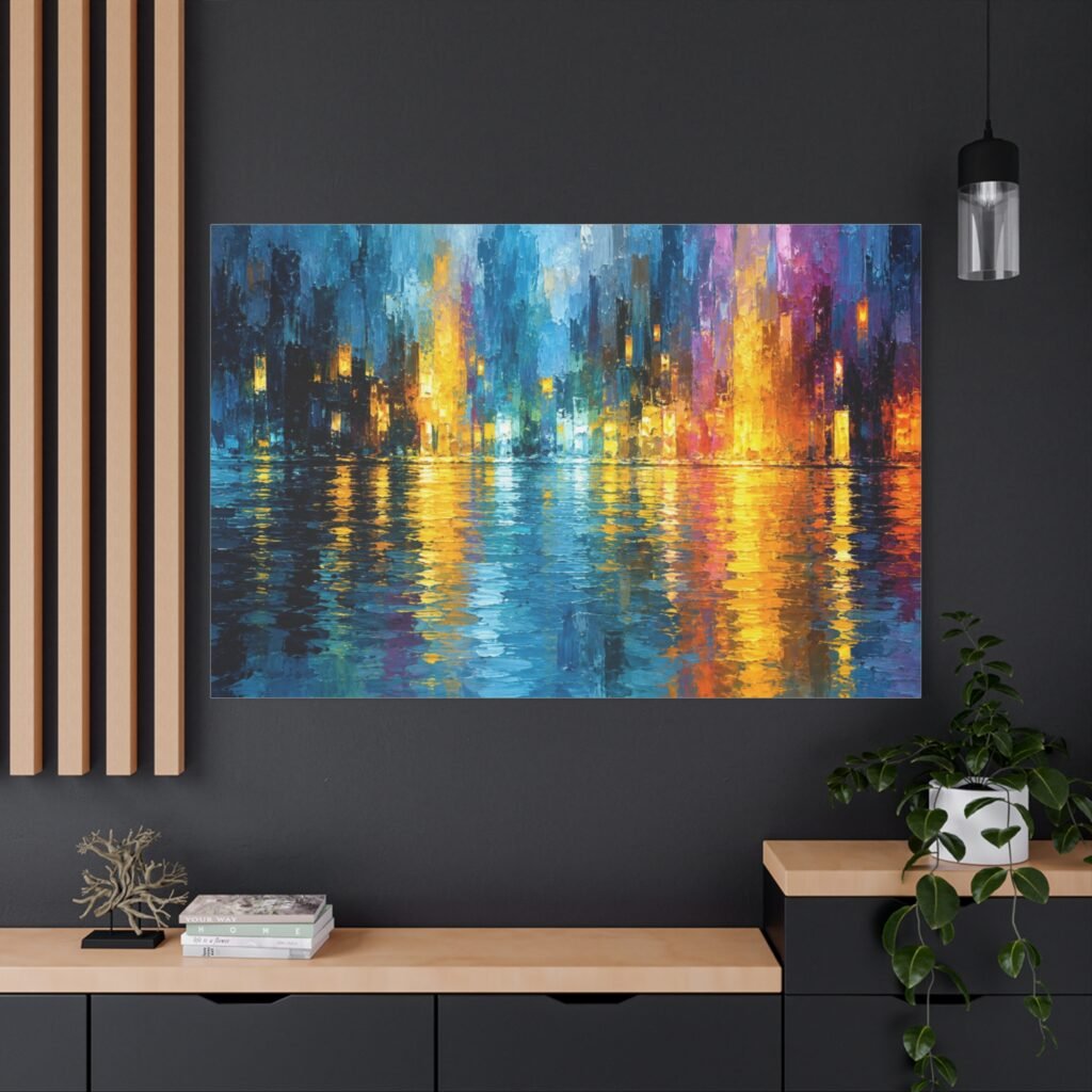 Abstract City Nightscape Canvas Print — Colorful Reflections Matte Stretched Wall Art