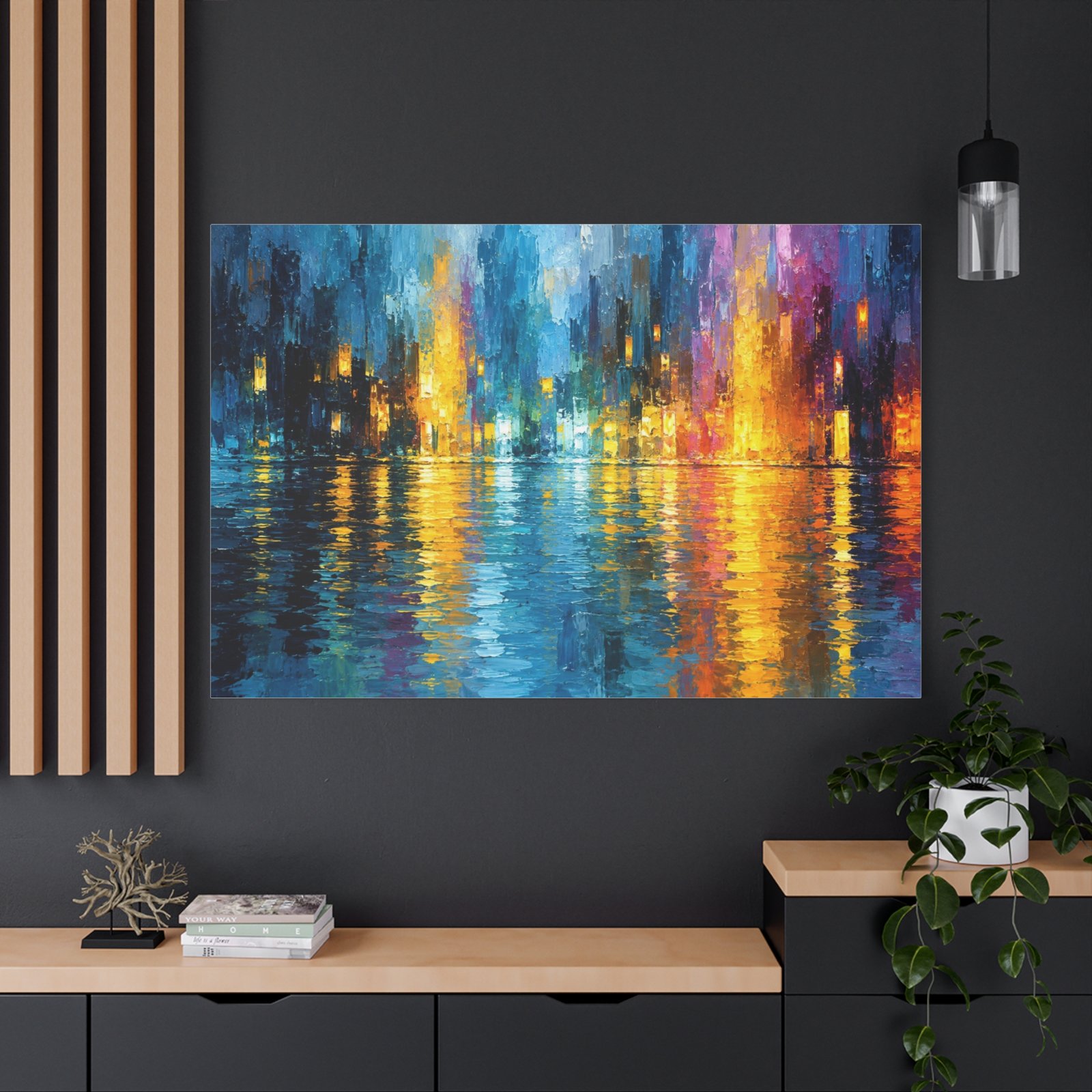 Abstract City Nightscape Canvas Print — Colorful Reflections Matte Stretched Wall Art - Image 4