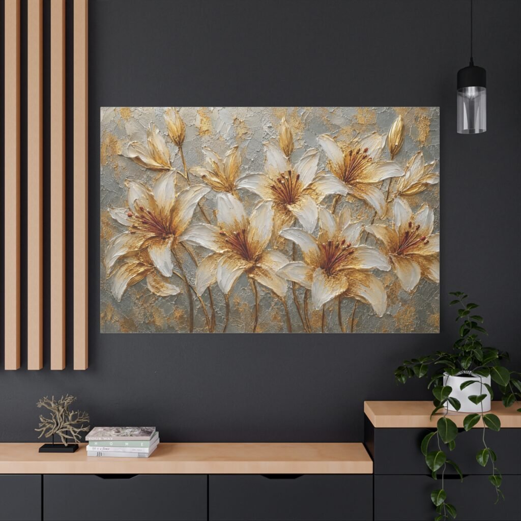 Gold and Ivory Lily Canvas Wall Art — Matte Stretched Floral Painting