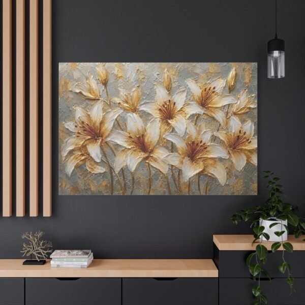 Gold and Ivory Lily Canvas Wall Art — Matte Stretched Floral Painting - Image 4
