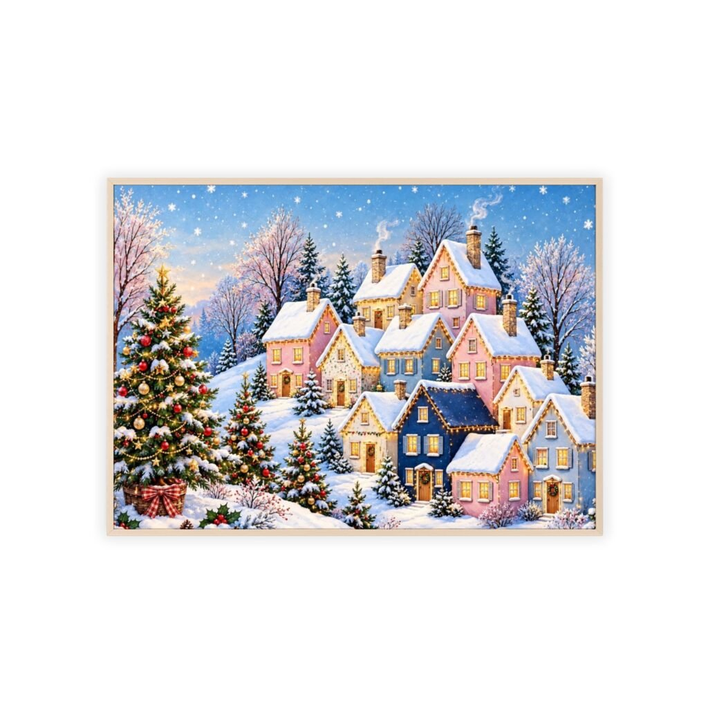 Winter Village Christmas Poster with Wooden Frame