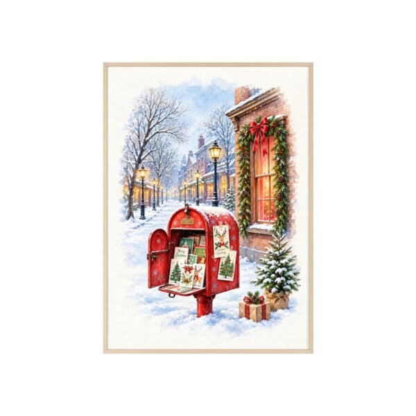 Christmas Mailbox Winter Street Holiday Poster with Wooden Frame - Image 1