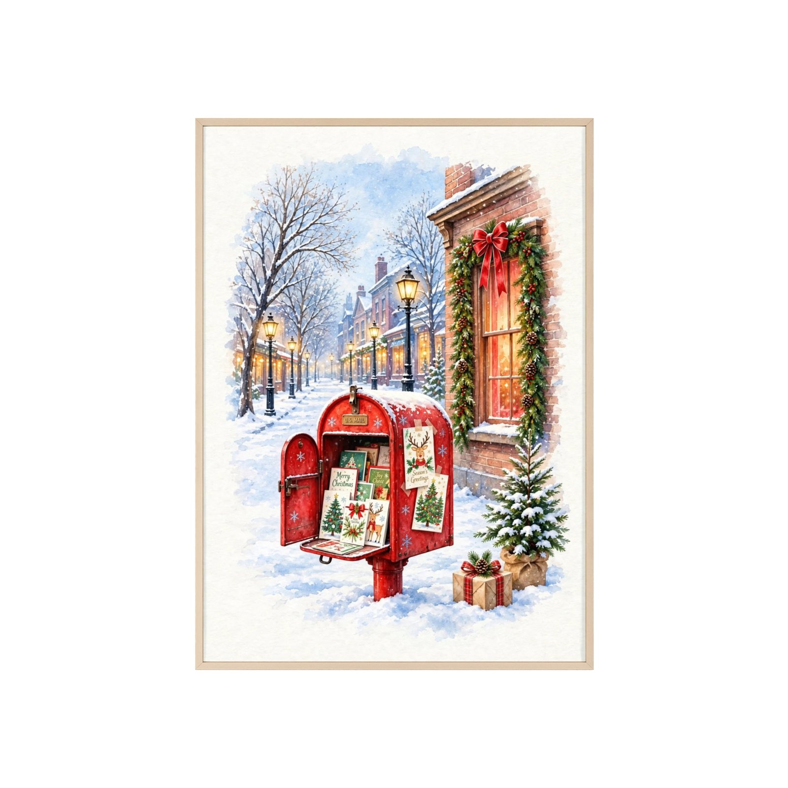 Christmas Mailbox Winter Street Holiday Poster with Wooden Frame - Image 1