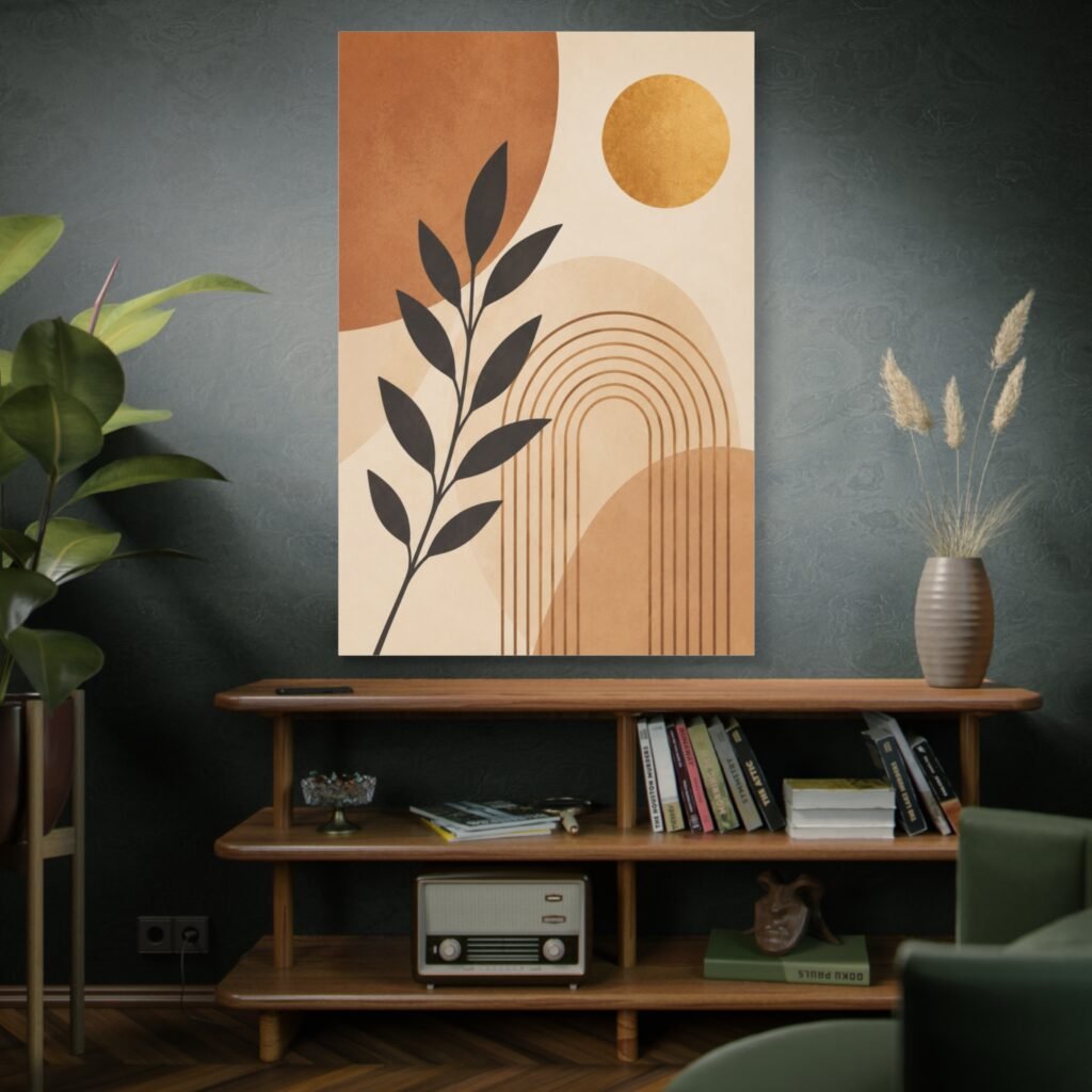 Abstract Boho Leaf Canvas Wall Art — Neutral Earth Tone Sun & Rainbow