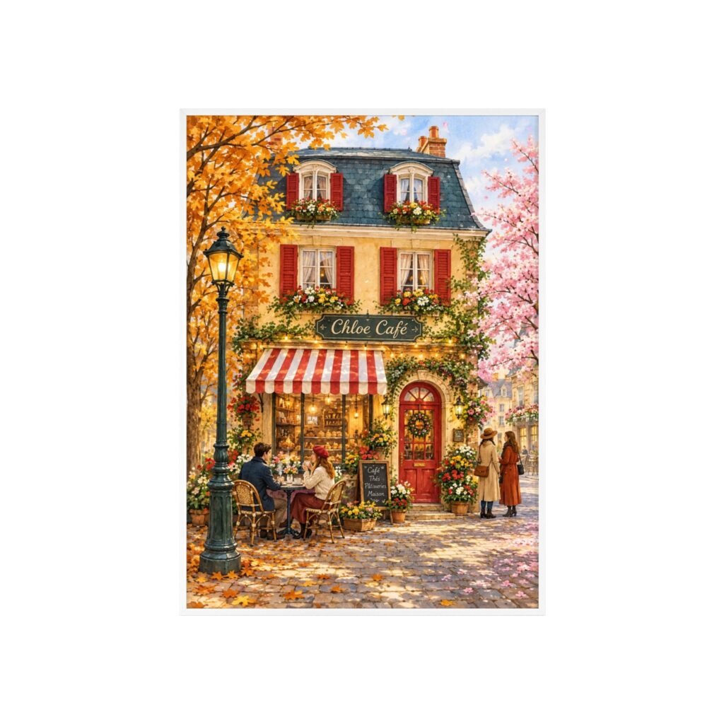 Café Street Scene Poster with Wooden Frame — Autumn Parisian Wall Art