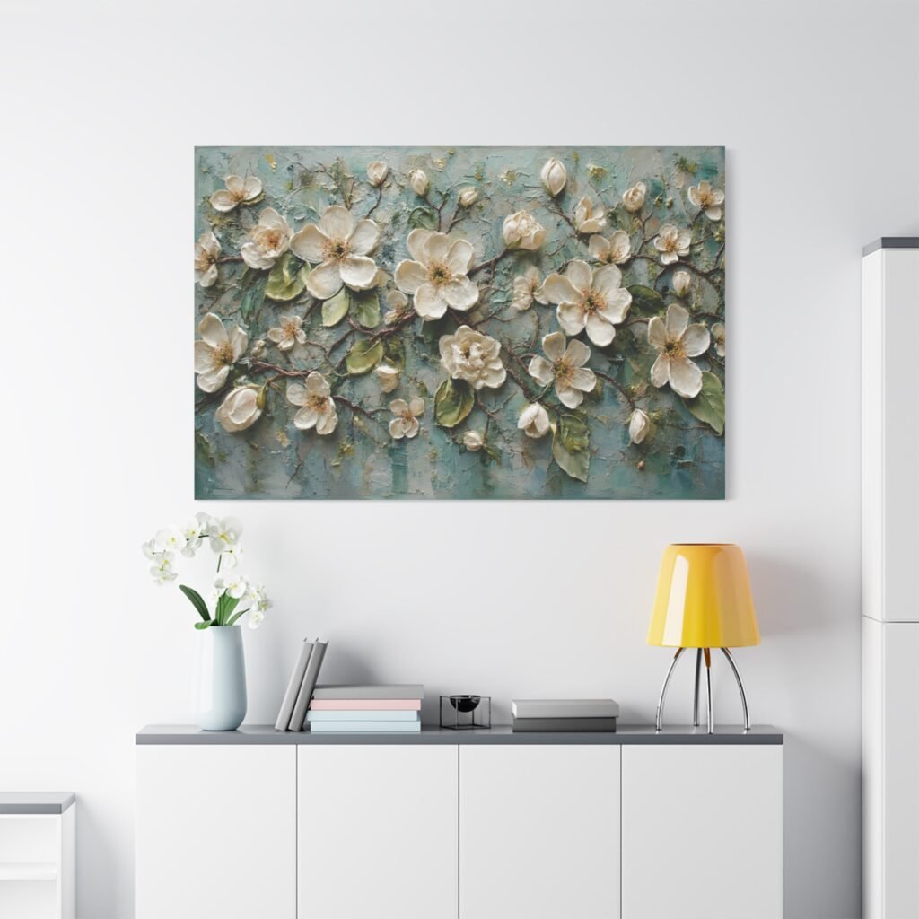 Floral Relief Canvas Wall Art — Cream Blossoms on Teal Matte Stretched Canvas