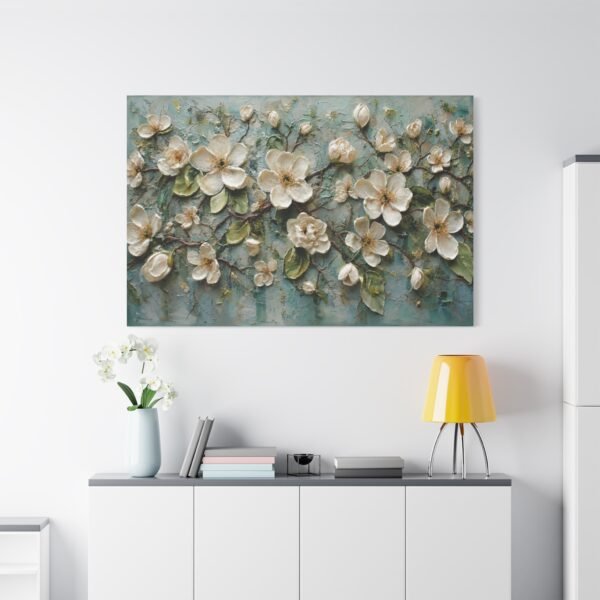 Floral Relief Canvas Wall Art — Cream Blossoms on Teal Matte Stretched Canvas - Image 1
