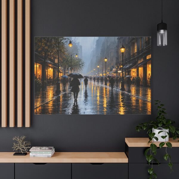 Rainy City Street Matte Canvas Wall Art — Evening Umbrella Scene, Stretched 1.25" - Image 4