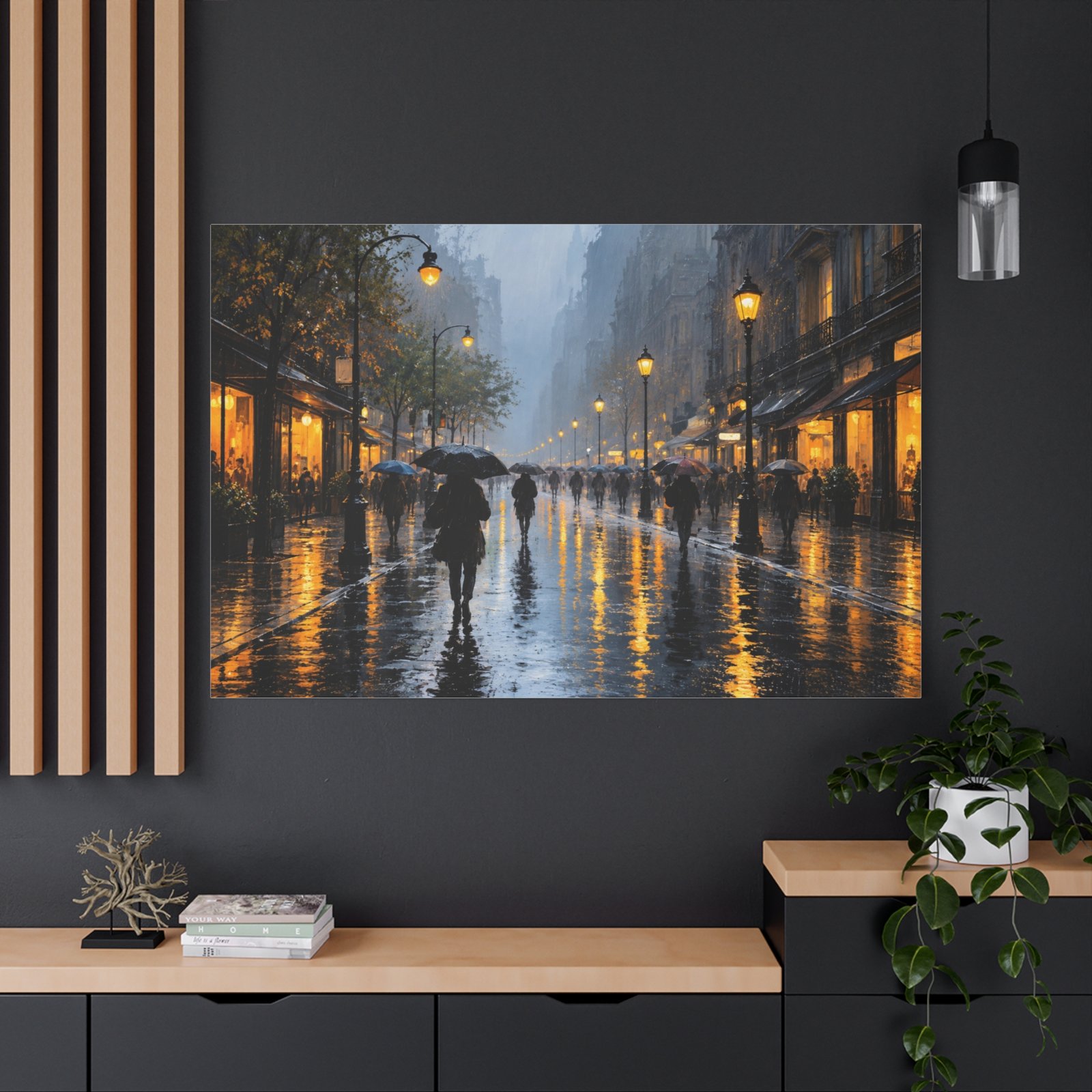Rainy City Street Matte Canvas Wall Art — Evening Umbrella Scene, Stretched 1.25" - Image 4
