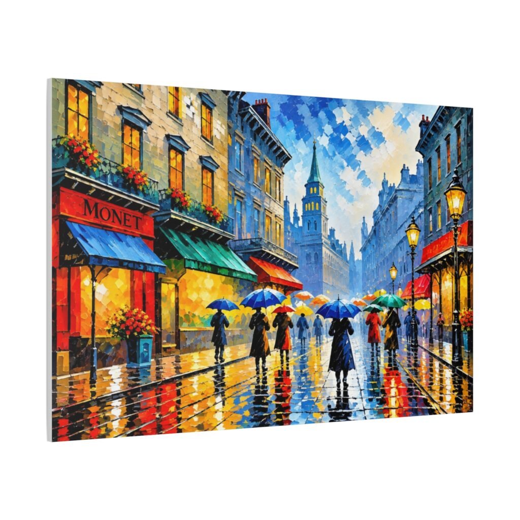 City Rain Street Canvas Wall Art – Colorful Impressionist Umbrella Scene, Matte Stretched Print