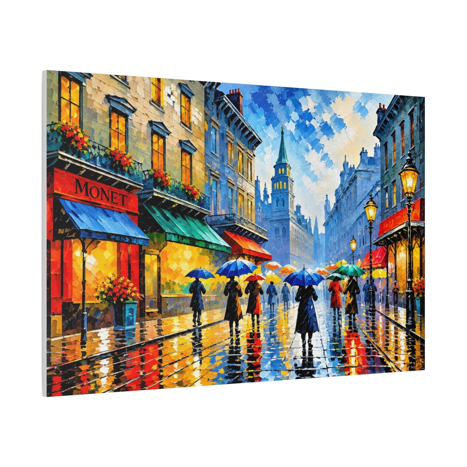 City Rain Street Canvas Wall Art – Colorful Impressionist Umbrella Scene, Matte Stretched Print - Image 2