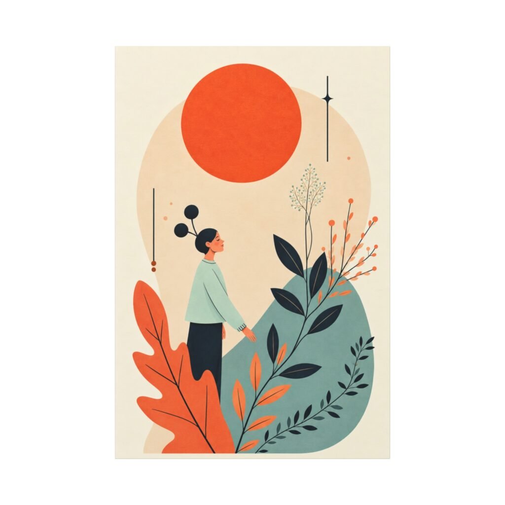 Botanical Sunset Matte Canvas Wall Art — Minimalist Nature Illustration