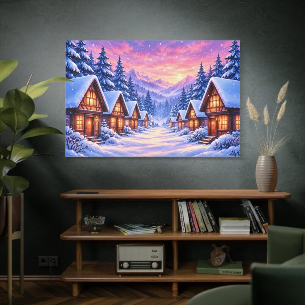 Winter Cabin Canvas – Cozy Snowy Village Matte Stretched Wall Art