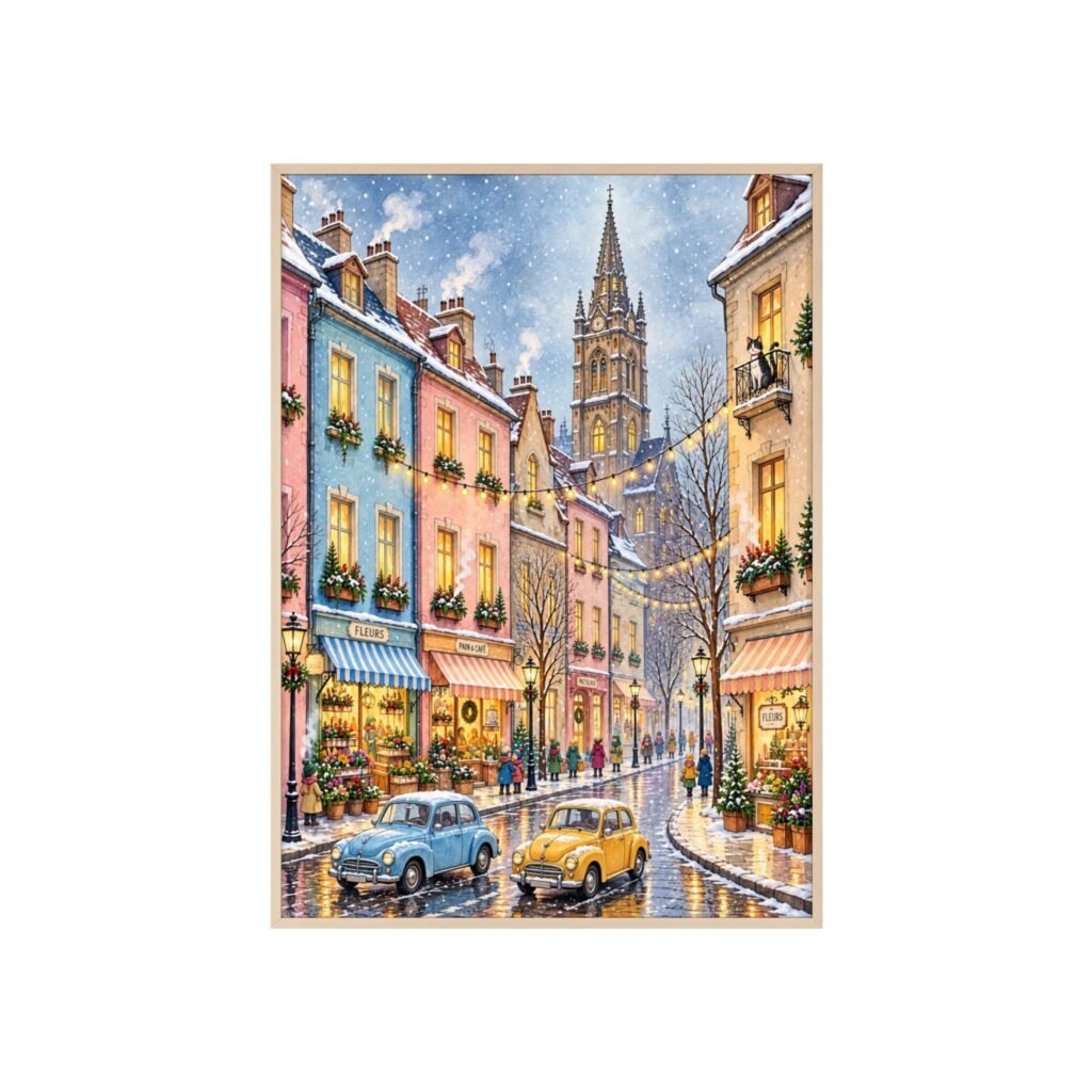 Vintage European Street Poster with Wooden Frame — Cozy Winter City Wall Art