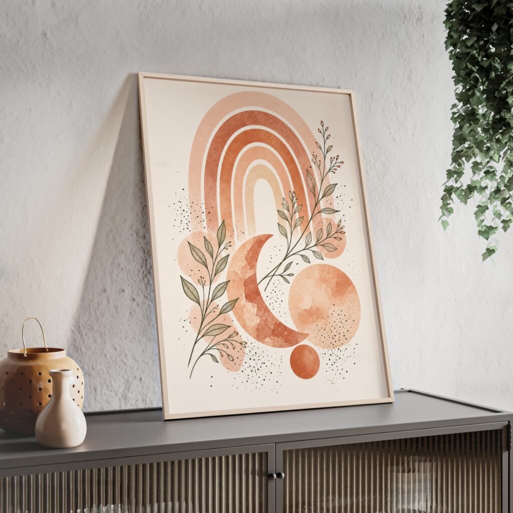 Boho Rainbow Moon Poster with Wooden Frame — Earthy Terracotta Wall Art